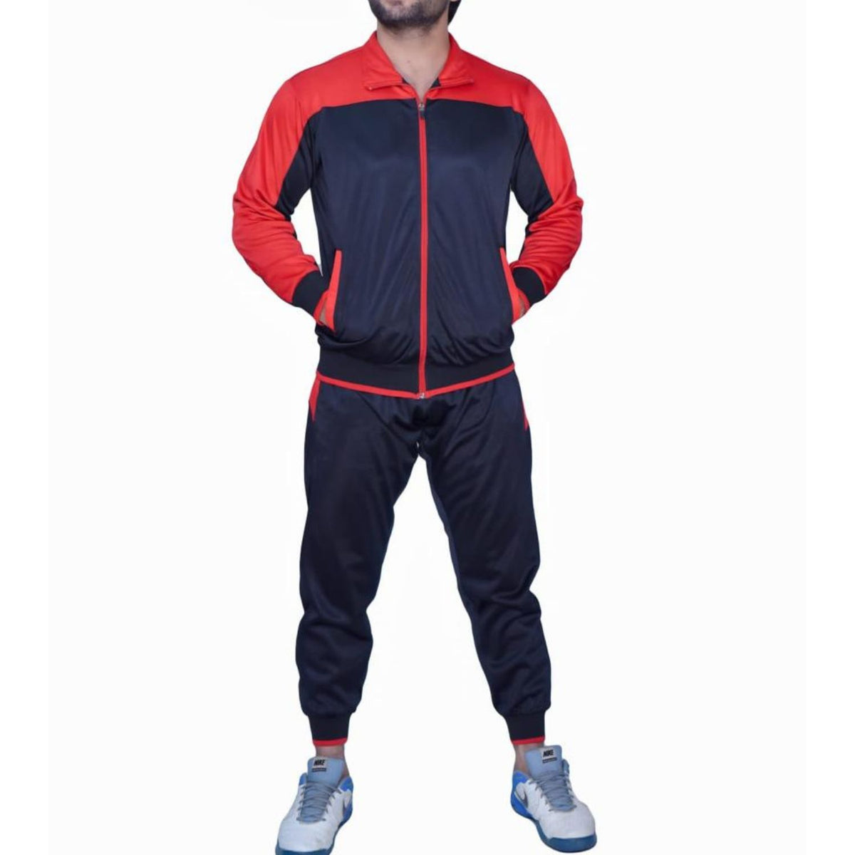 Men's Bold Black & Red Tracksuit – 2-Piece Full-Zip Athletic Set for Training & Casual Wear