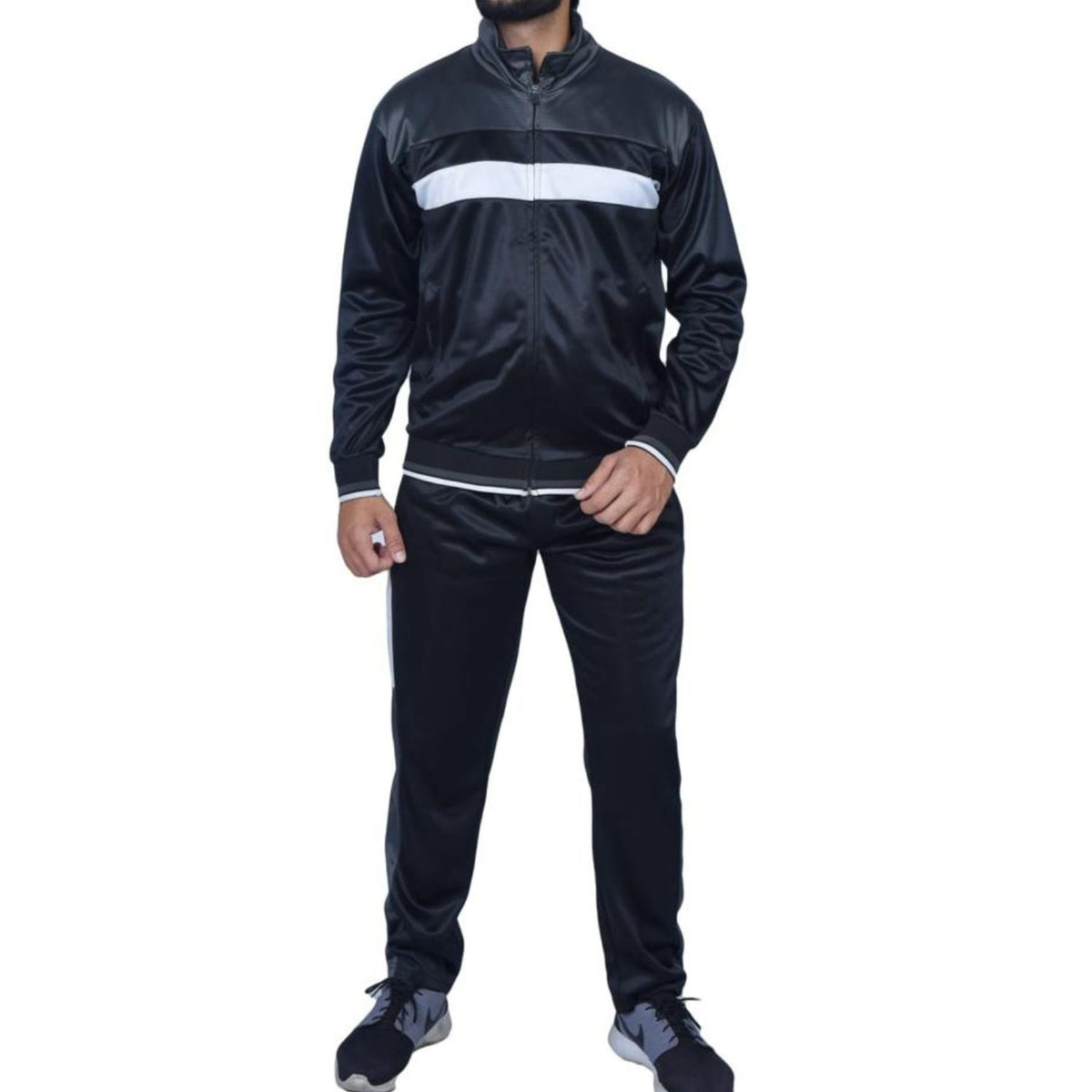 Men's Sleek Black Tracksuit – 2-Piece Full-Zip Jogger Set with Sporty White Stripe