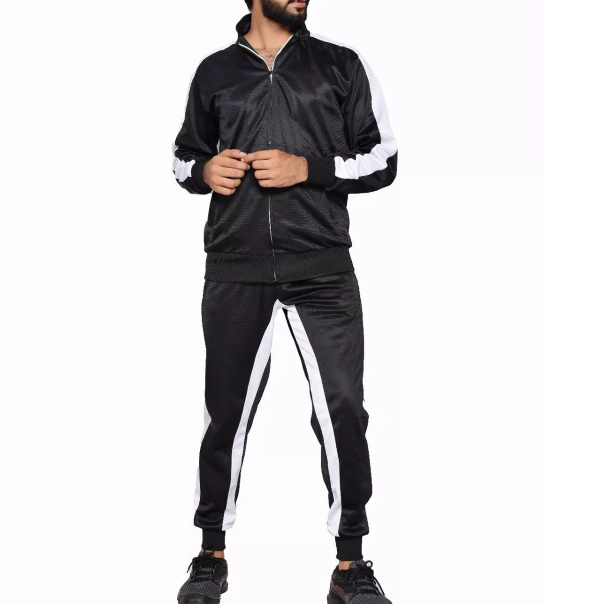 Men's Black & White Striped Tracksuit – Athletic Full-Zip Jogger Set for Gym & Casual Wear