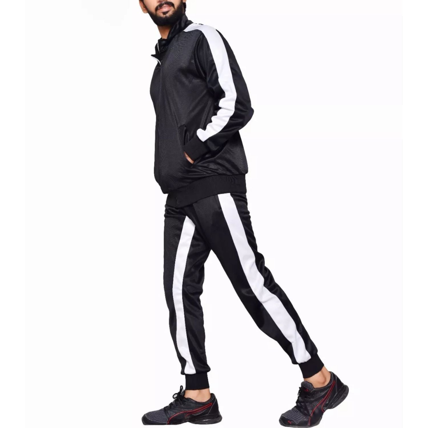 Men's Black & White Striped Tracksuit – Athletic Full-Zip Jogger Set for Gym & Casual Wear