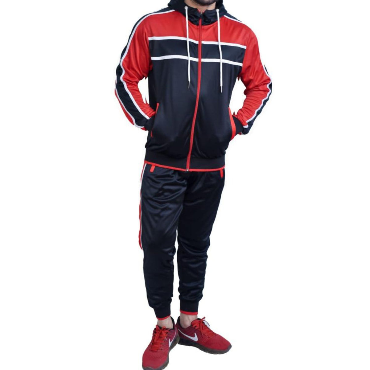 Men's Athletic Tracksuit - Stylish Black & Red Sportswear Set