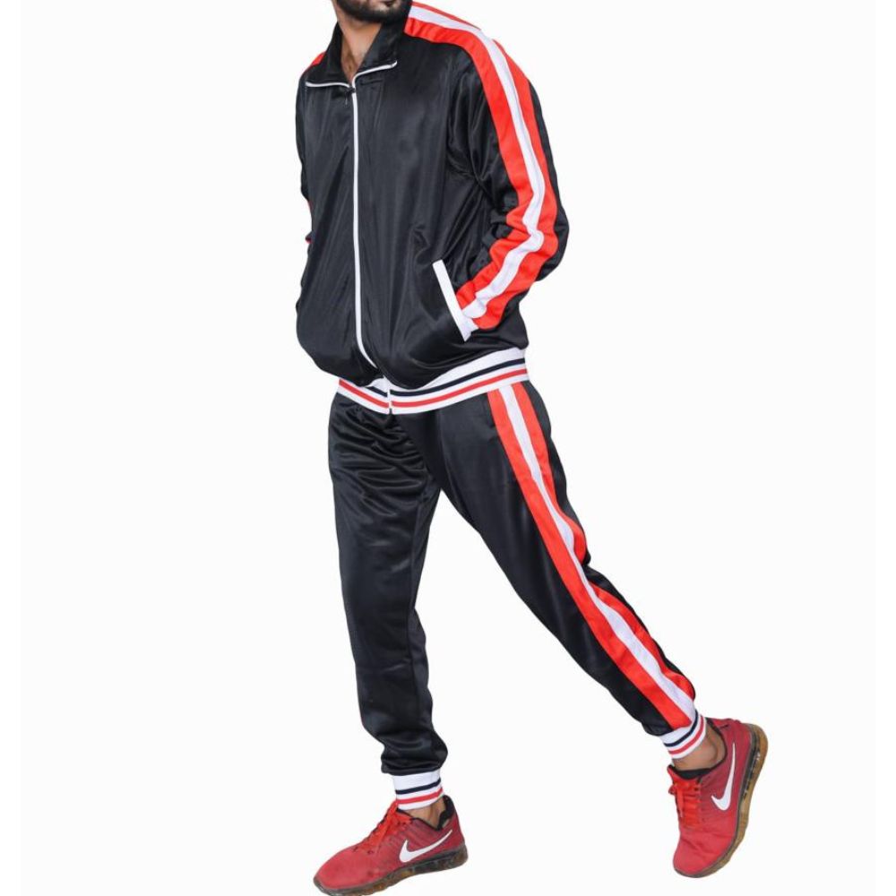 Men's Black Tracksuit with White & Red Stripes – Athletic Sportswear Set